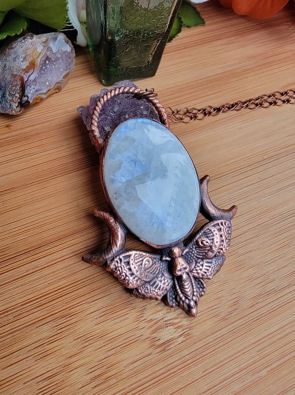 Image of Rainbow Moonstone Death Moth Pendant