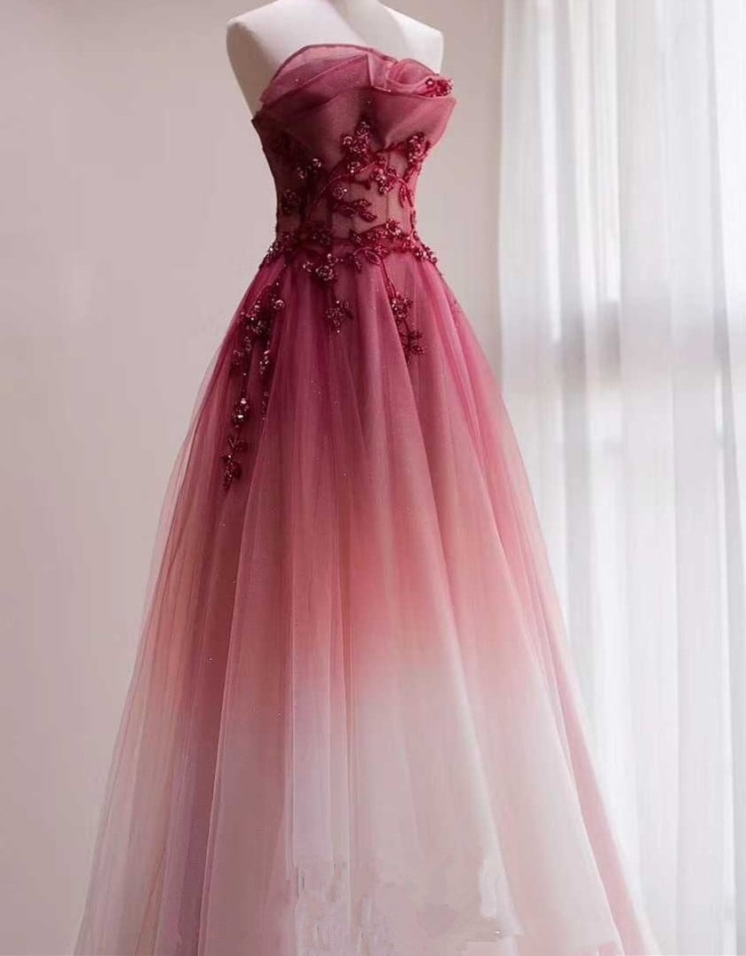 Lovely Gradient Tulle A-line Long Formal Dress, Gradient Floor Length Prom Dresses
