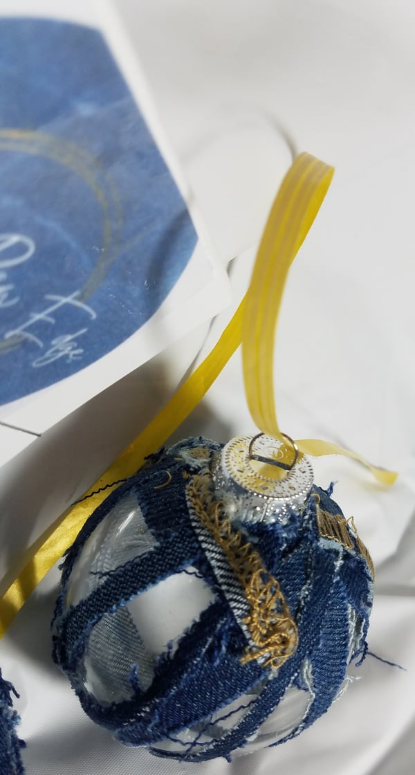 Image of Tasty Raw Edge Denim Bulb Ornament-“See Thru Potential”