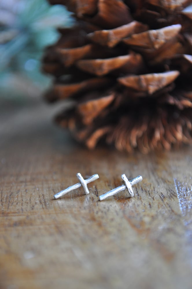 Image of Small Rugged Cross Studs - Recycled Sterling Silver