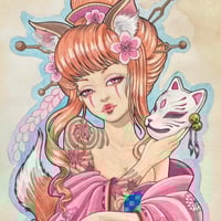 Image 2 of Japanese Fox Demon girl. Kitsune print. Japanese art print. Geisha