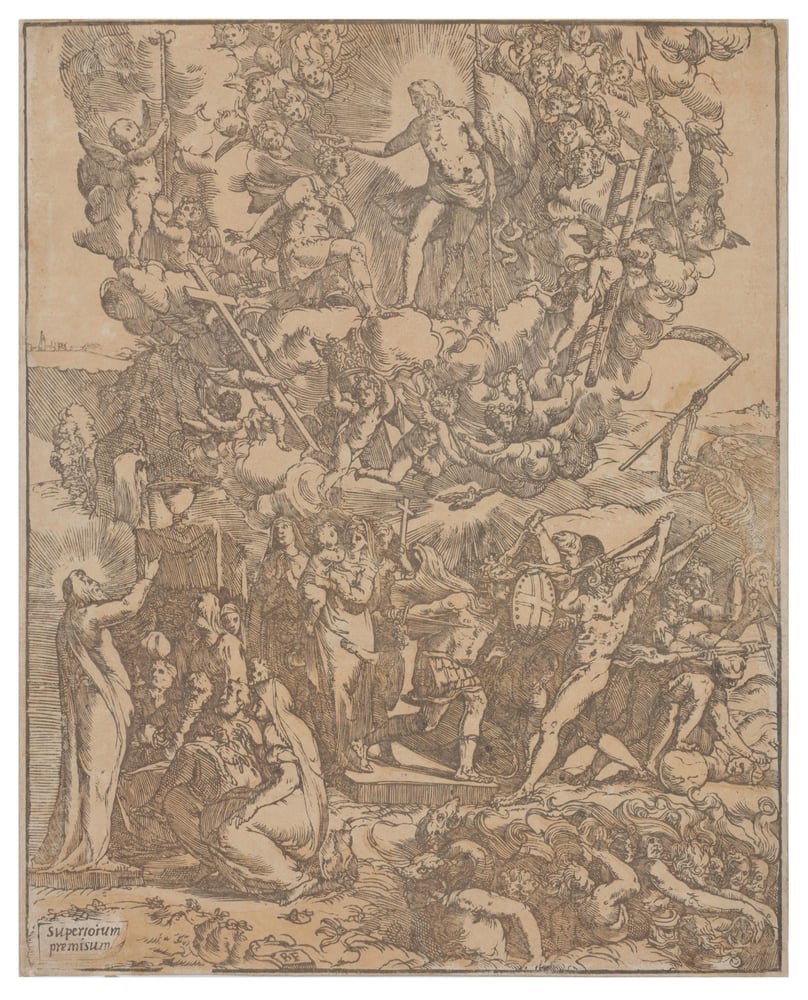 Image of Chiaroscuro woodcut print of the Triumph of the Christian Hero by Andrea Andreani