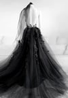 Black Tulle Long Prom Dress with Leg Slit, Black A-line Prom Dress