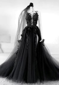 Image 1 of Black Tulle Long Prom Dress with Leg Slit, Black A-line Prom Dress