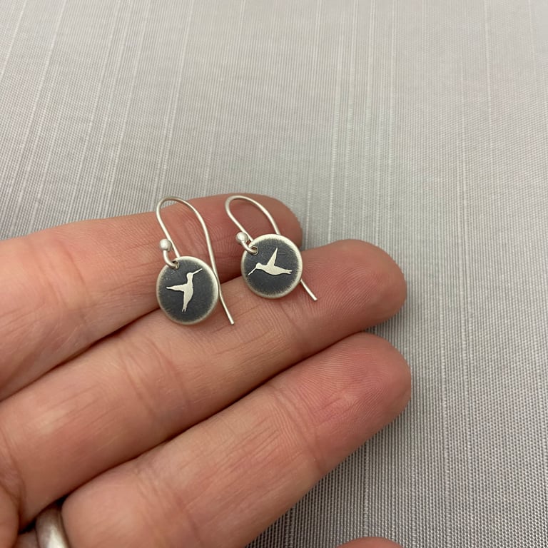 Tiny Oxidized Sterling Silver Hummingbird Earrings Image 2