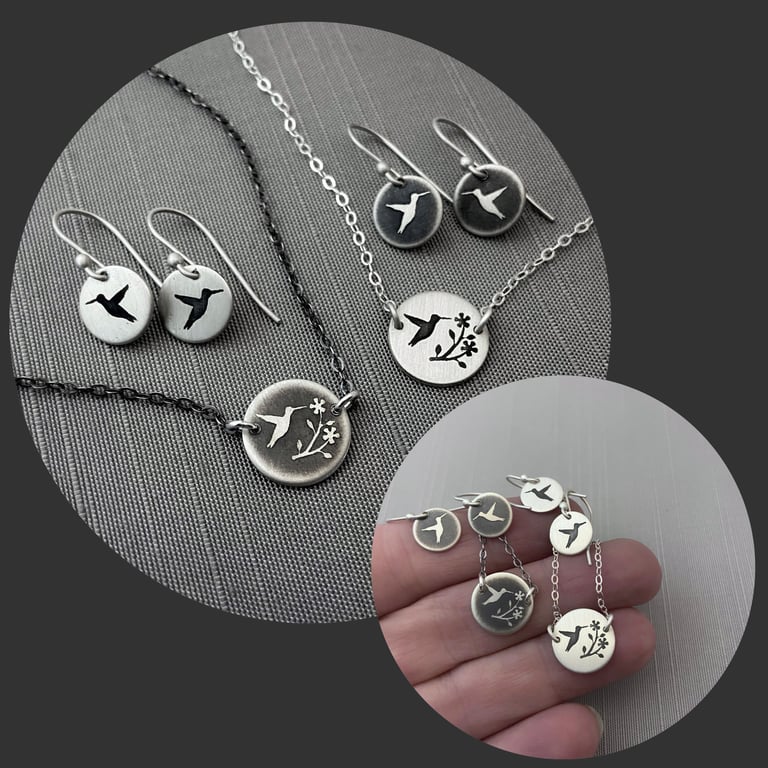 Tiny Oxidized Sterling Silver Hummingbird Earrings Image 4