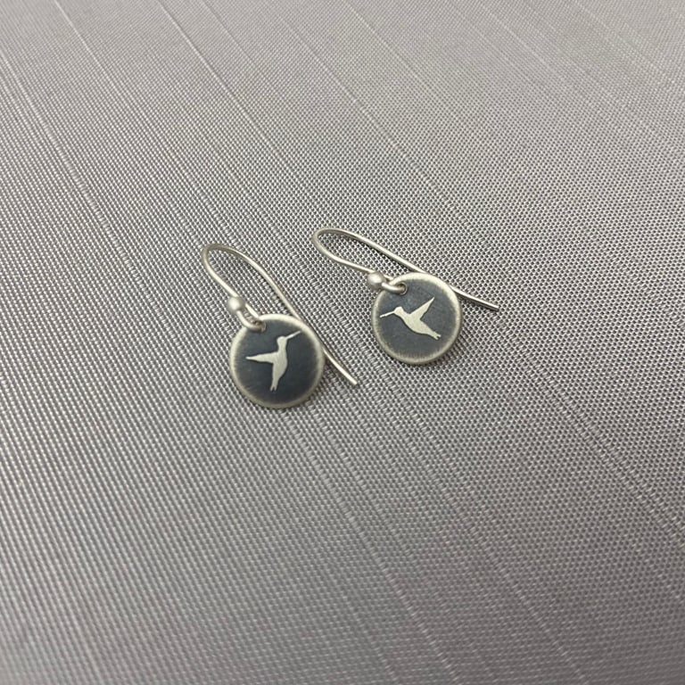 Tiny Oxidized Sterling Silver Hummingbird Earrings