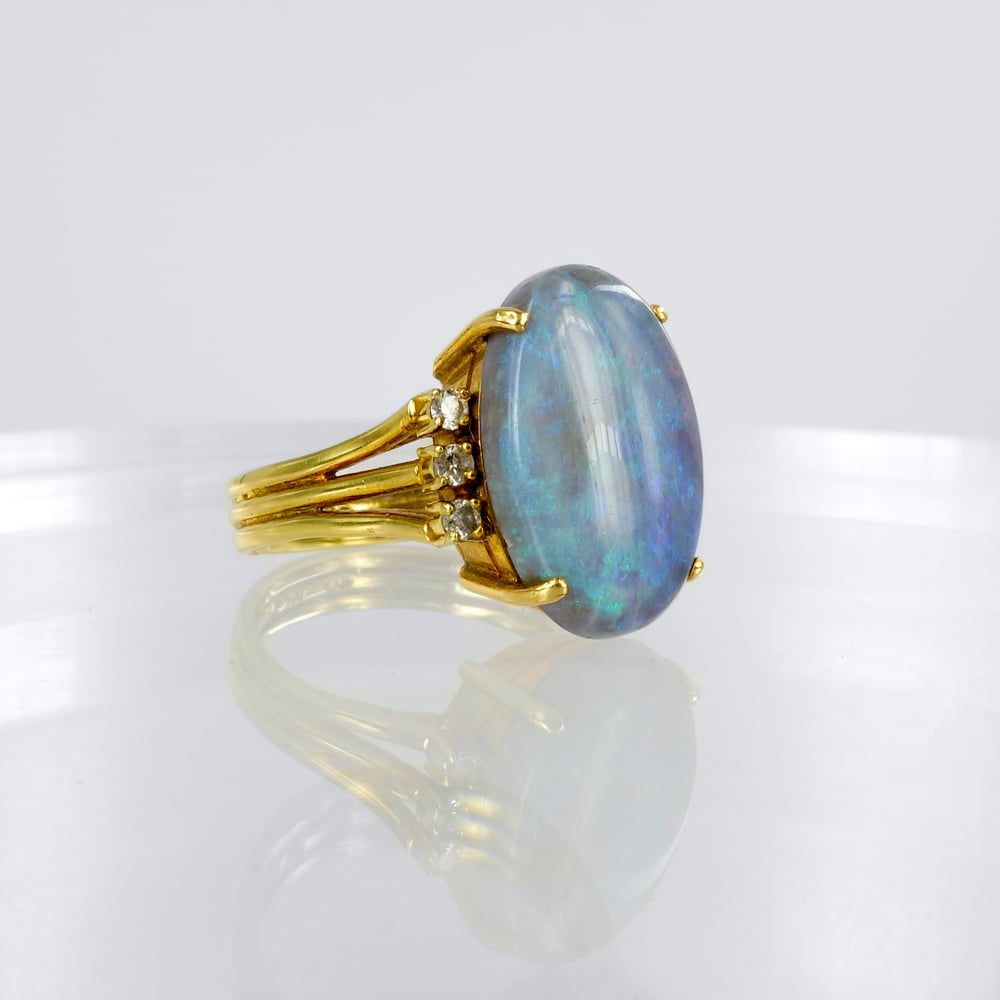 Image of 18ct yellow gold large solid opal & diamond cocktail ring. SH BARRON