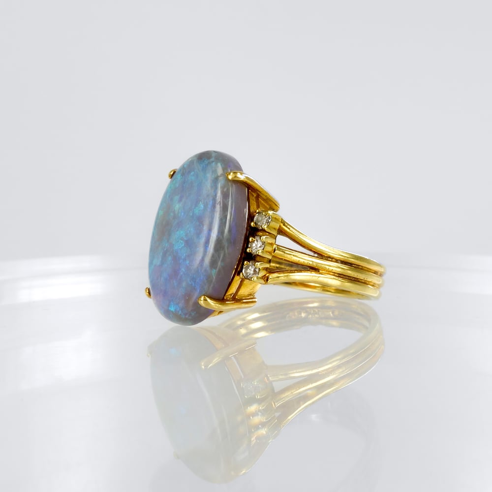 Image of 18ct yellow gold large solid opal & diamond cocktail ring. SH BARRON