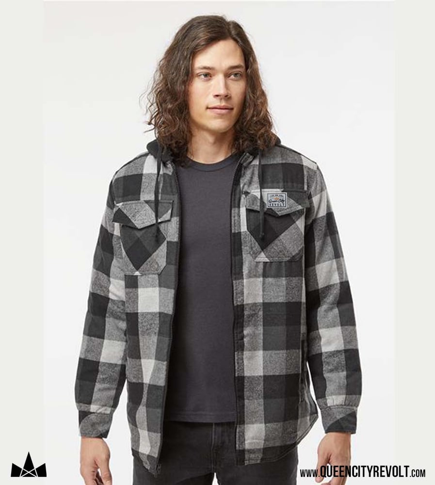 Image of Quilted Flannel Hooded Jacket, Black/Grey