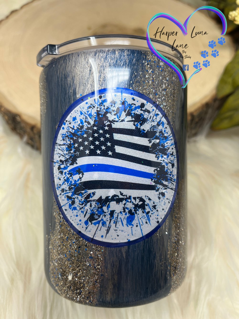 Image of 12 oz Police Blue Woodgrain Whiskey Tumbler