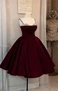 Image 1 of Burgundy Sweetheart Spaghetti Matte Satin Puffy Short Prom Dress, Short Formal Dress