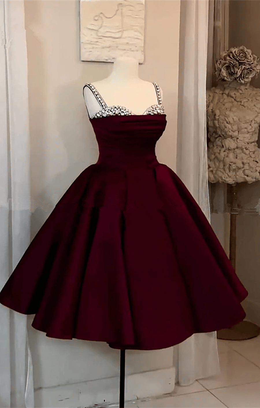 Burgundy Sweetheart Spaghetti Matte Satin Puffy Short Prom Dress, Short Formal Dress