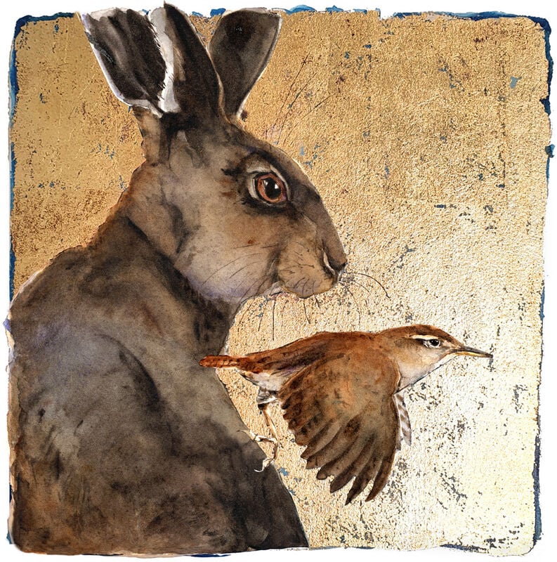 Image of JACKIE MORRIS - 'HARE & WREN' - LIMITED EDITION PRINT WITH HAND APPLIED GOLD LEAF - SIGNED