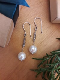 Image 4 of Jumbo White Pearl Earrings with Labradorite 3XD