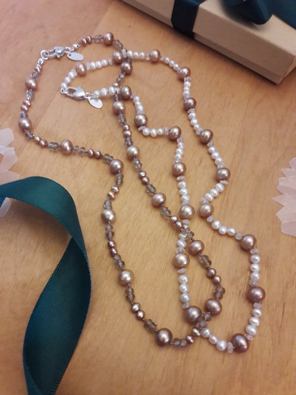 Image of Taupe Freshwater Pearls with White Pearls, Rainbow Moonstone & Smoky Topaz
