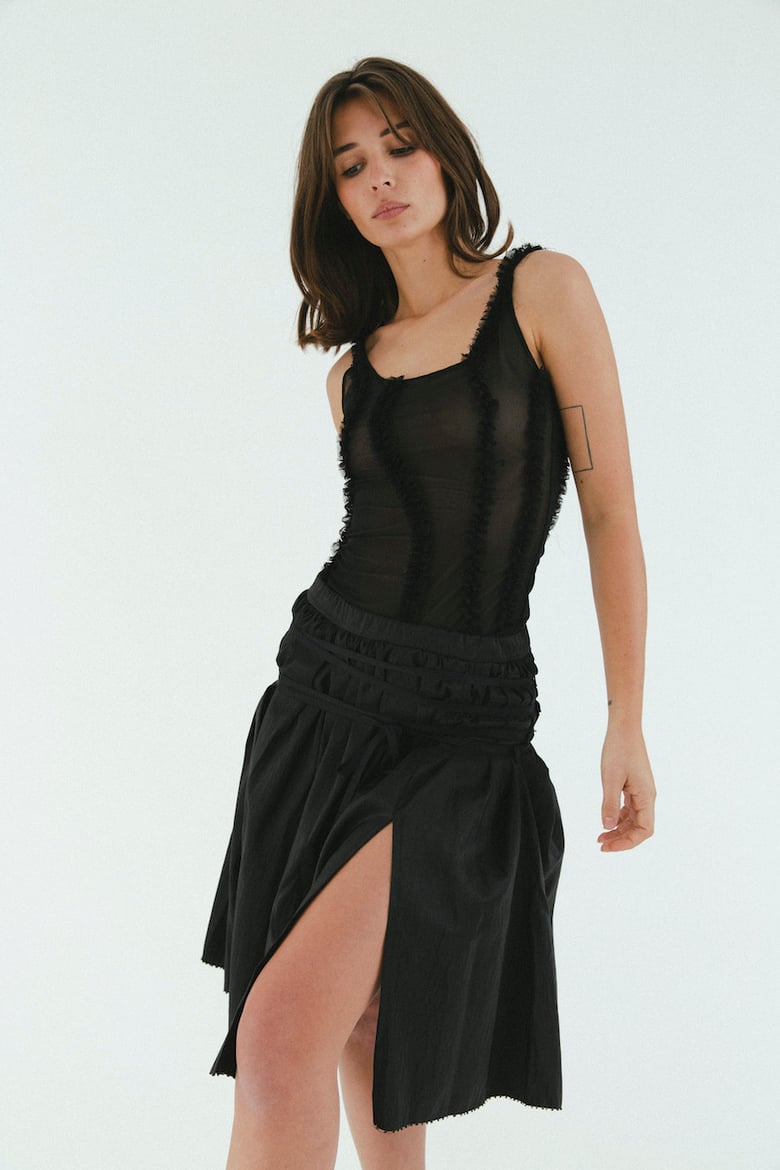 Image of Black Sheer Mesh Ruffle Tank Top