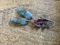 Image 1 of Carved Labradorite Feather, Gemstones and Sterling Silver earrings 