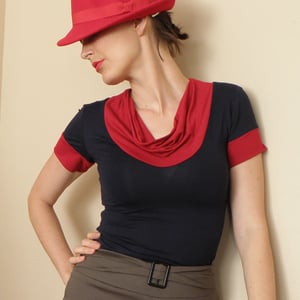 Image of Paris Cowl Neck Top in Navy Blue and Bright Red Jersey
