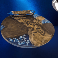 Image 2 of Antique-Style Decorative Tray Set - Handcrafted Faux Marble with Steampunk Clock Design.