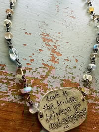 Image 9 of wire wrapped labradorite and imperial topaz necklace with Rumi medallion
