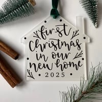 First Christmas in our new Home 2025 Decoration – Frosted Acrylic Home Shape with Hand Lettering