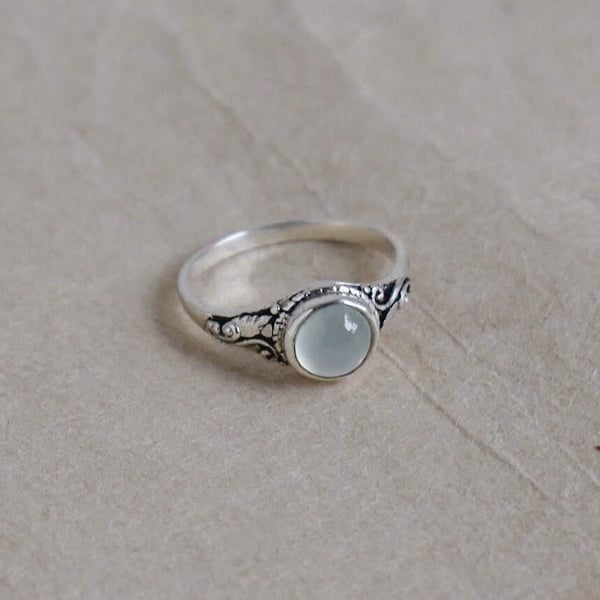 Image of Aqua Chalcedony cabochon cut vintage style silver ring no.1