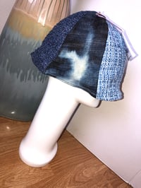 Image 2 of H.O.D. Bucket Hat Blue Tweed Chenille Fabric W/Reversible Denim Collages Print Side