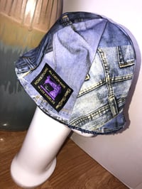Image 4 of H.O.D. Bucket Hat Blue Tweed Chenille Fabric W/Reversible Denim Collages Print Side