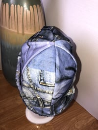 Image 5 of H.O.D. Bucket Hat Blue Tweed Chenille Fabric W/Reversible Denim Collages Print Side