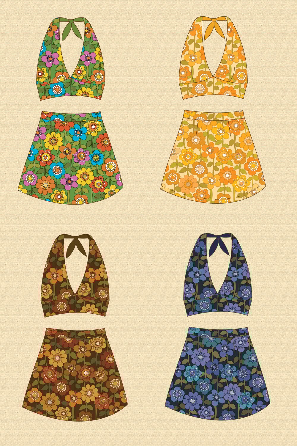 Heartbreaker Halter and mini SET with matching scarf in Far out flowers