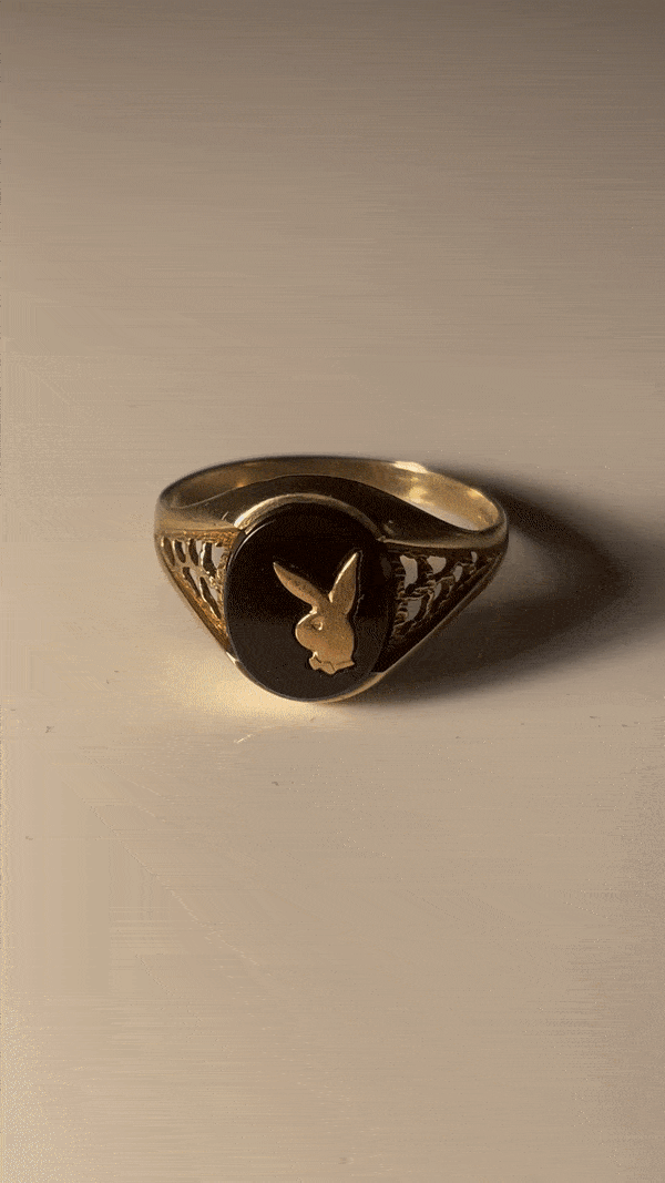 Image of Vintage 1980's Solid 9K Oval Playboy Onyx Ring With Bark Gated Mount