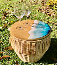 Image 1 of Rattan Picnic Basket with Resin Art Acacia Wood Serving Board Lid