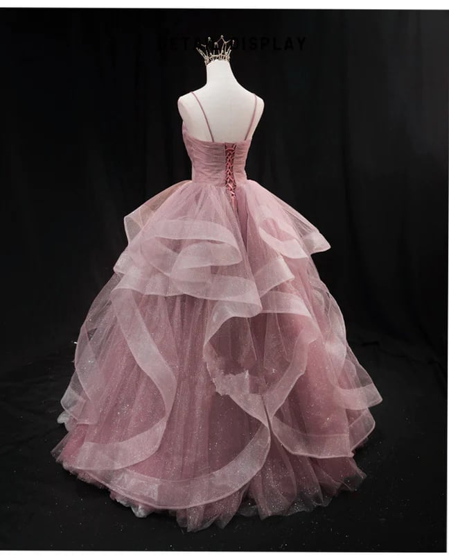 Pink Sweetheart Tulle Long Prom Dress, Pink Tulle Ball Gown Sweet 16 Dresses