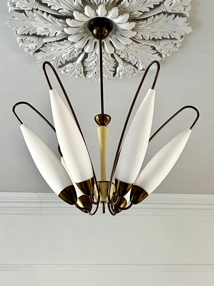 Image of Brass Chandelier with Six Large Glass Shades