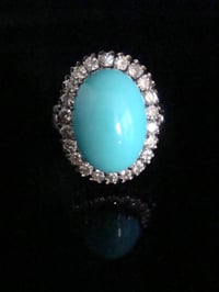 Image 1 of Antique 1920s 18ct white gold turquoise and diamond halo target cluster ring