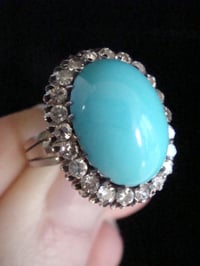 Image 2 of Antique 1920s 18ct white gold turquoise and diamond halo target cluster ring