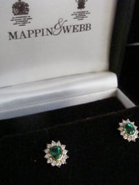 Image 1 of STUNNING 18CT MAPPIN AND WEBB NATURAL EMERALD 0.80CT DIAMOND CLUSTER EARRINGS