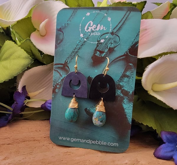 Image of Chrysocolla + Brass Crescent Moon Earrings