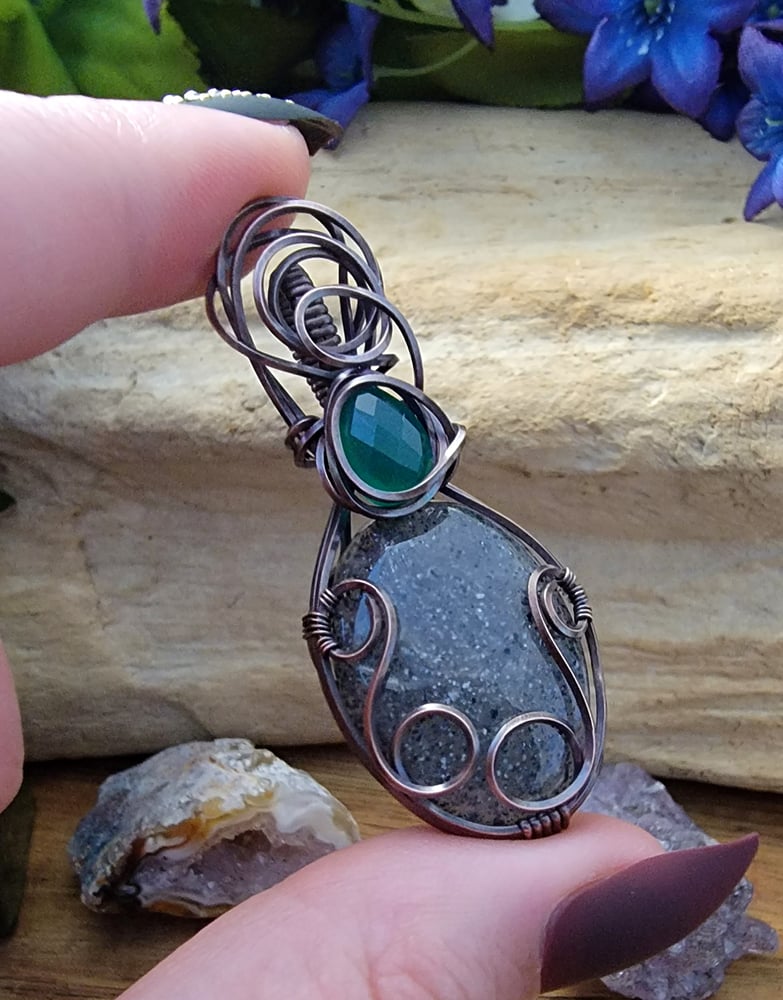 Image of Black Sunstone + Green Onyx Wrapped in Copper