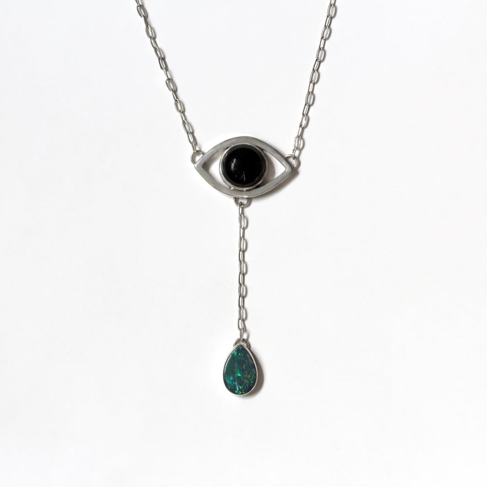 Australian Opal & Onyx Crying Eye Sterling Silver Necklace
