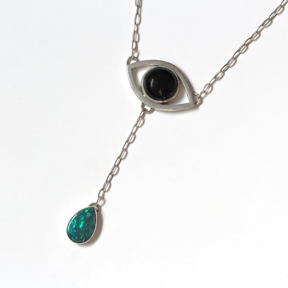Australian Opal & Onyx Crying Eye Sterling Silver Necklace