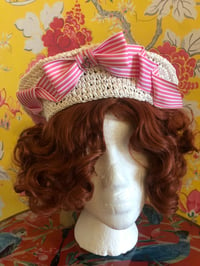 Straw Beret: Natural & Pink and white striped ribbon.