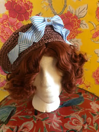 Straw Beret: Brown & sax and white striped ribbon.