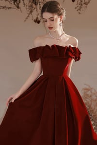 Image 3 of Wine Red Velvet Off Shoulder Long Party Dress, Wine Red Wedding Party Dresses