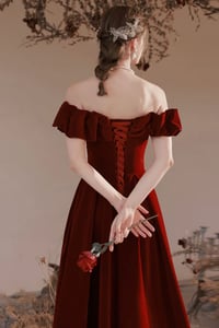 Image 4 of Wine Red Velvet Off Shoulder Long Party Dress, Wine Red Wedding Party Dresses