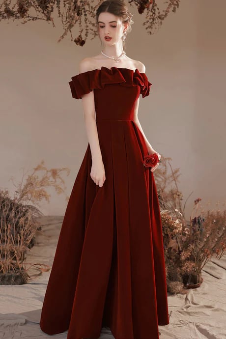 Wine Red Velvet Off Shoulder Long Party Dress, Wine Red Wedding Party Dresses