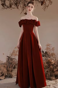 Image 1 of Wine Red Velvet Off Shoulder Long Party Dress, Wine Red Wedding Party Dresses