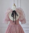 Lovely Pink Tulle Puffy Sleeevs Long Formal Dress, Pink A-line Evening Gown