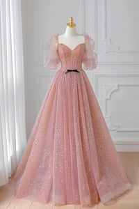 Image 1 of Lovely Pink Tulle Puffy Sleeevs Long Formal Dress, Pink A-line Evening Gown